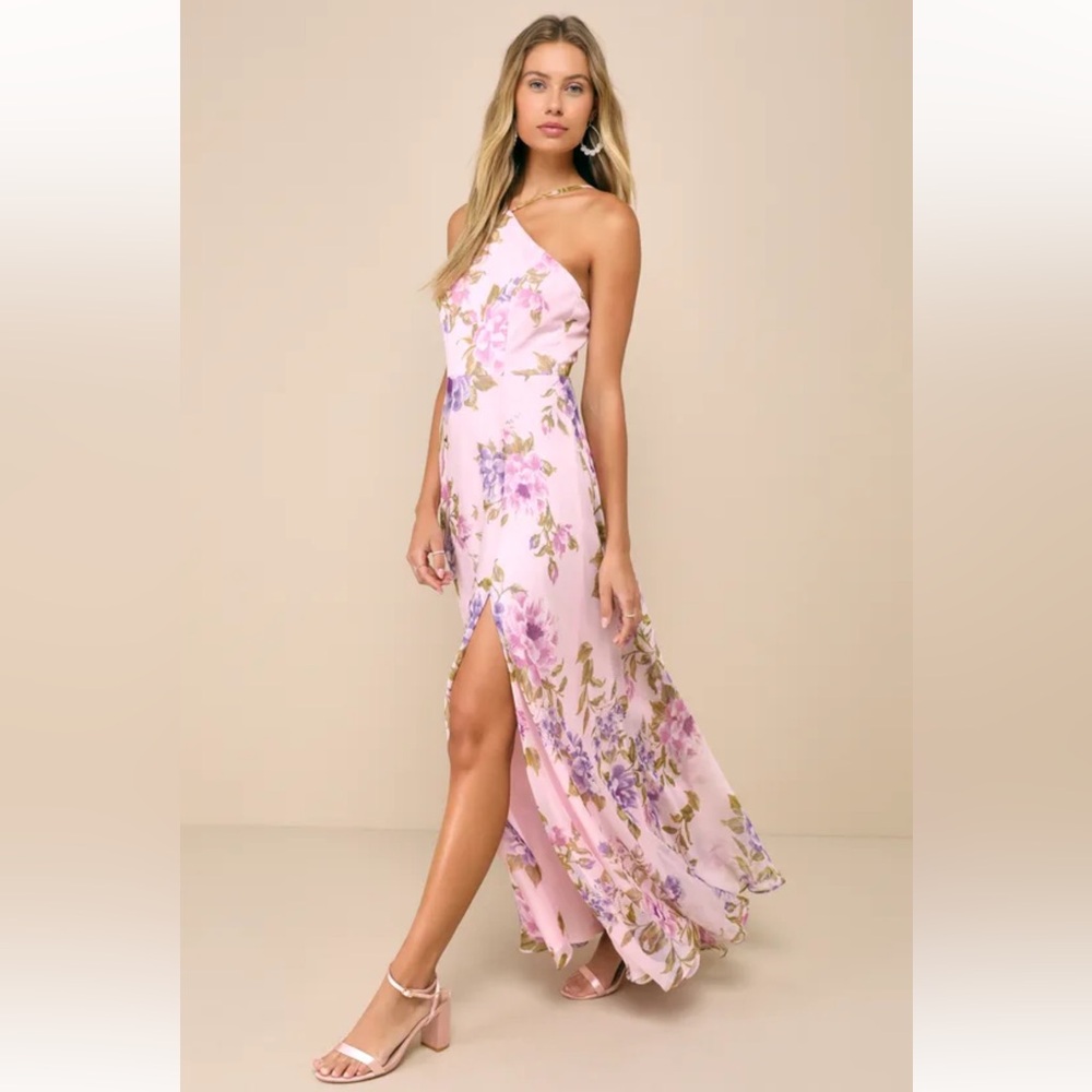 Romantic Marvel Light Pink Floral Print Halter Neck Maxi Dress
